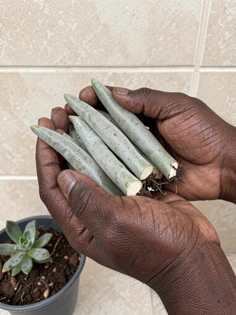 Mudas de rosa do deserto enxertadas em vasos plásticos sobre bancada de madeira, com folhas verdes e caules grossos.