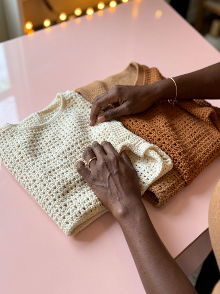 Peças de roupa dobradas em tons de bege camelo, caramelo e marfim sobre superfície clara.
