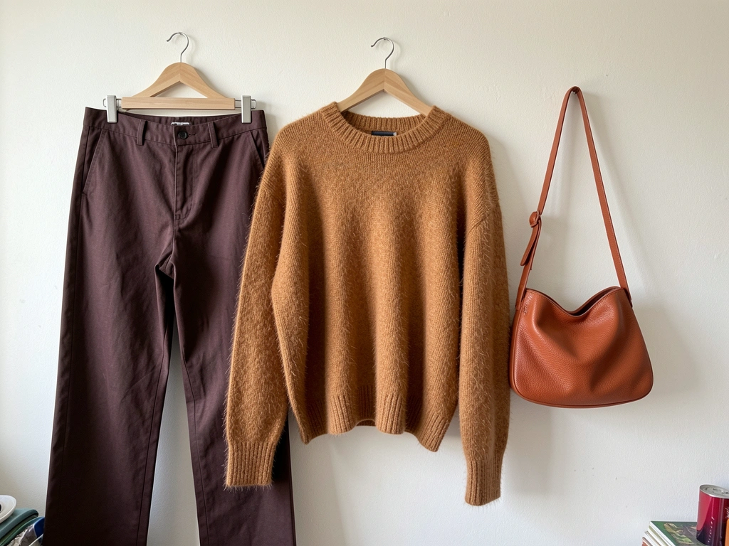Calça marrom escura, suéter de tricô caramelo e bolsa terracota pendurados em cabide.
