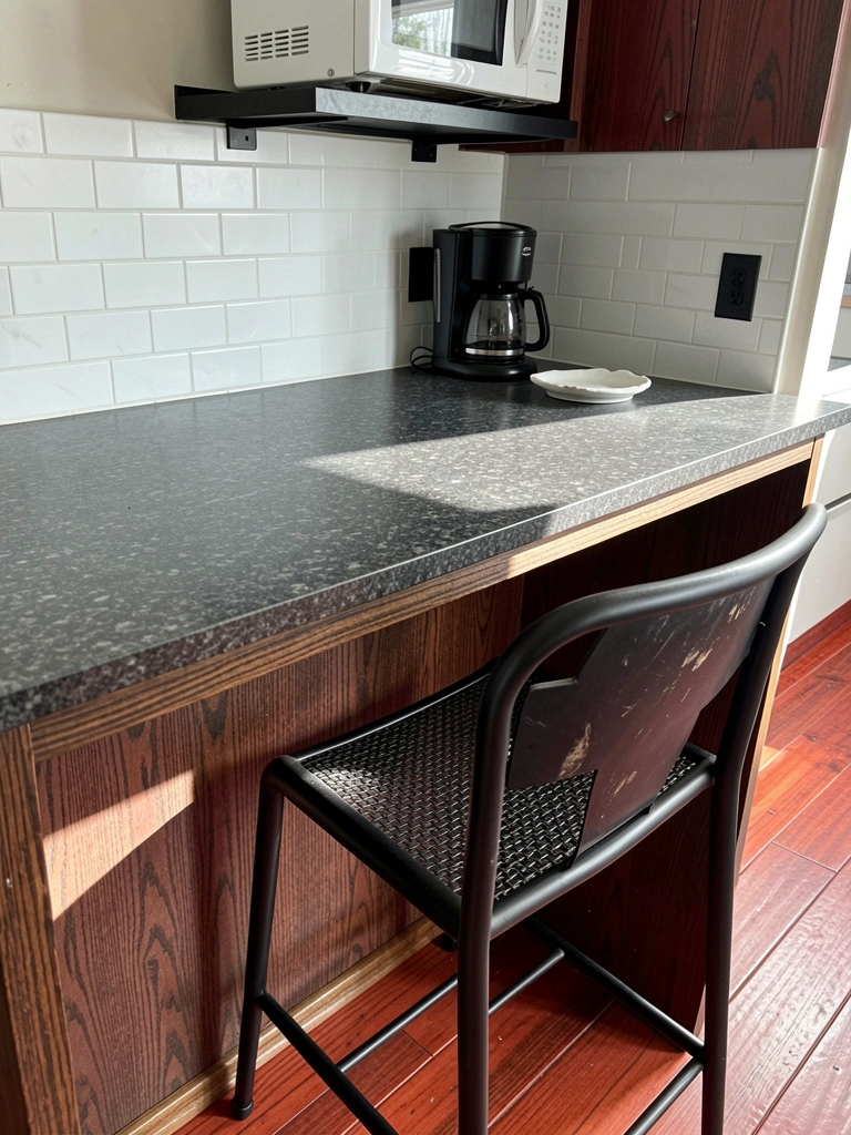 Bancada de granito com cooktop e armários brancos, sem parede divisória para a sala.