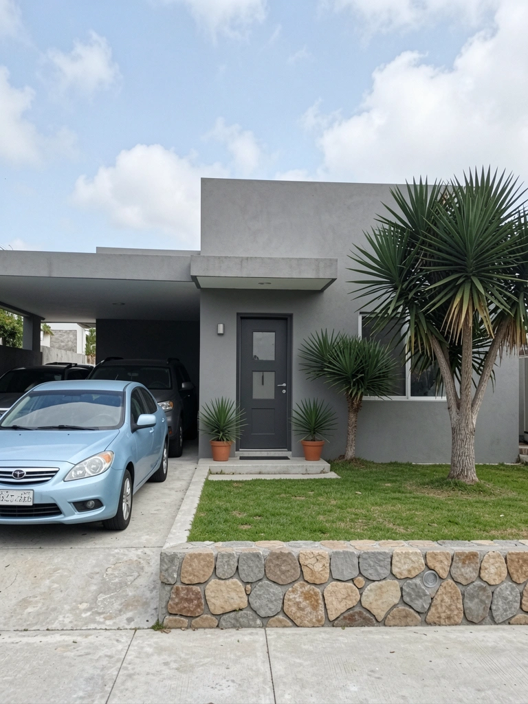 Fachada de casa térrea com revestimento claro, telhado aparente e jardim frontal com arbustos baixos