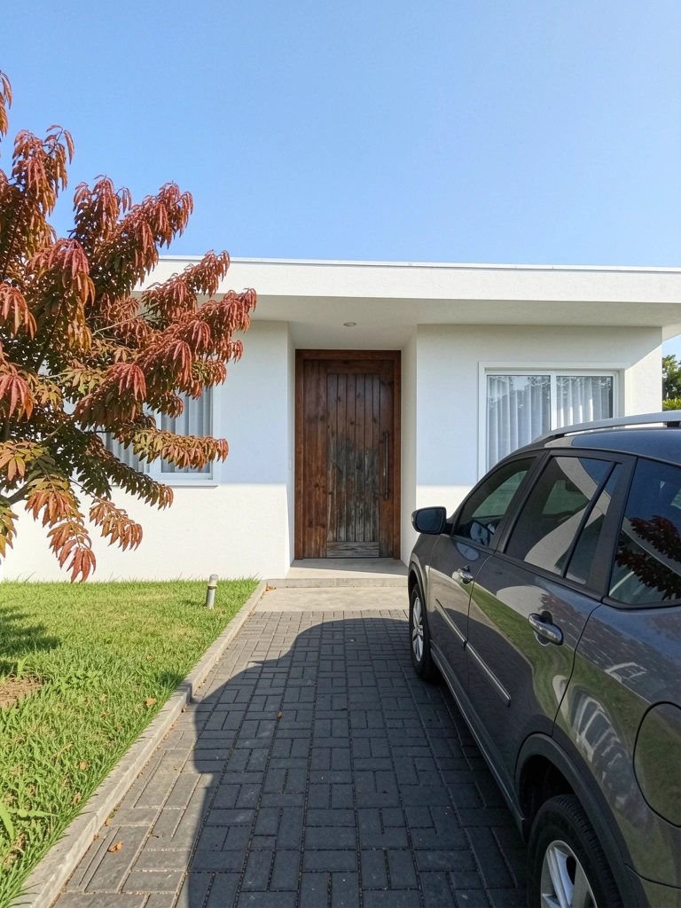 Fachada de casa térrea com telhado aparente, jardim frontal e caminho de entrada em pedra