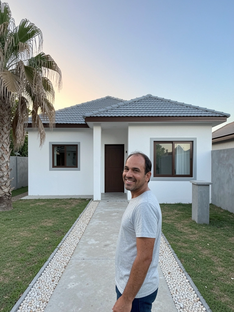 Fachada de casa térrea com parede branca, telhado aparente e jardim frontal com arbustos baixos