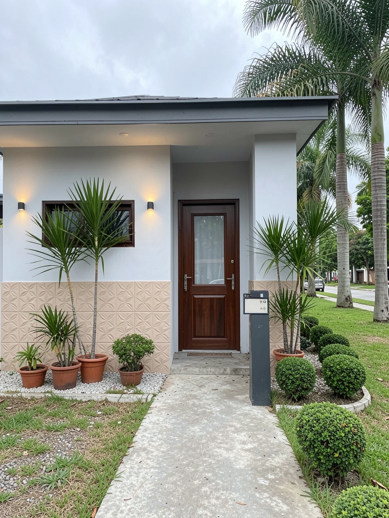 Fachada de casa térrea com telhado aparente, jardim frontal e janelas amplas sob luz do dia
