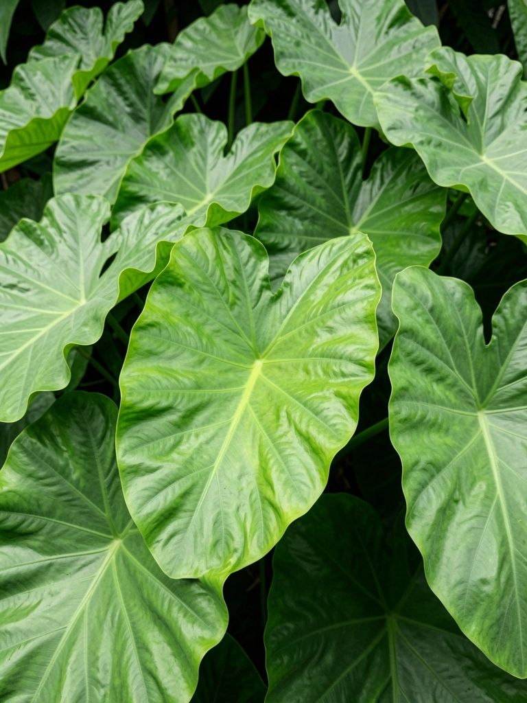 Folhas verdes largas e onduladas de filodendro em vaso branco sobre mesa de madeira, com luz natural suave.