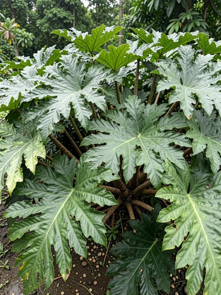 Folhas verdes de filodendro ondulado em vaso branco sobre mesa de madeira clara