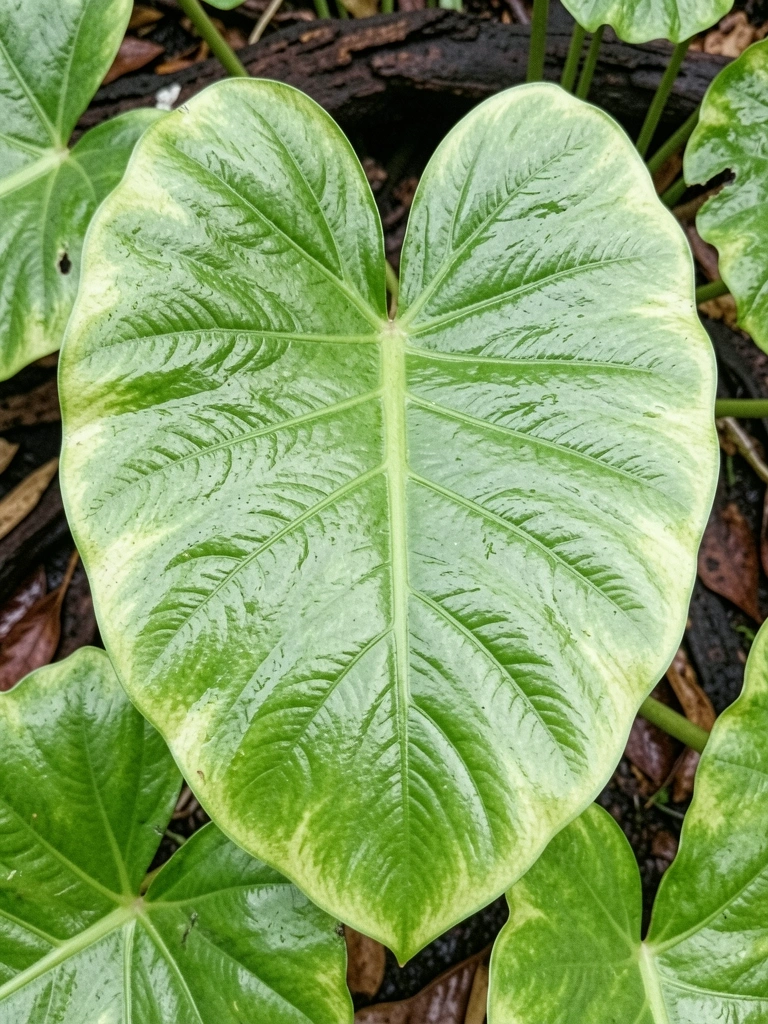 Folhas verdes grandes e onduladas de filodendro em vaso branco sobre mesa de madeira.