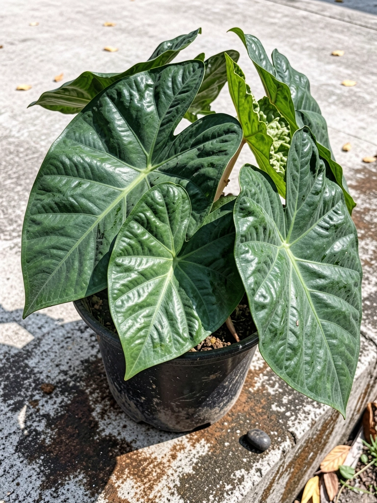 Folhas verdes de filodendro com bordas onduladas em vaso branco sobre mesa de madeira
