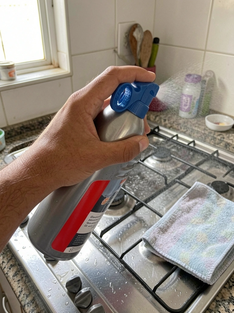 Mão borrifando produto de limpeza sobre cooktop de inox brilhante, com pano de microfibra ao lado.
