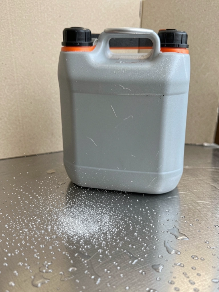 Gotas de spray sobre superfície de aço inox escovado, com reflexos e textura visíveis.