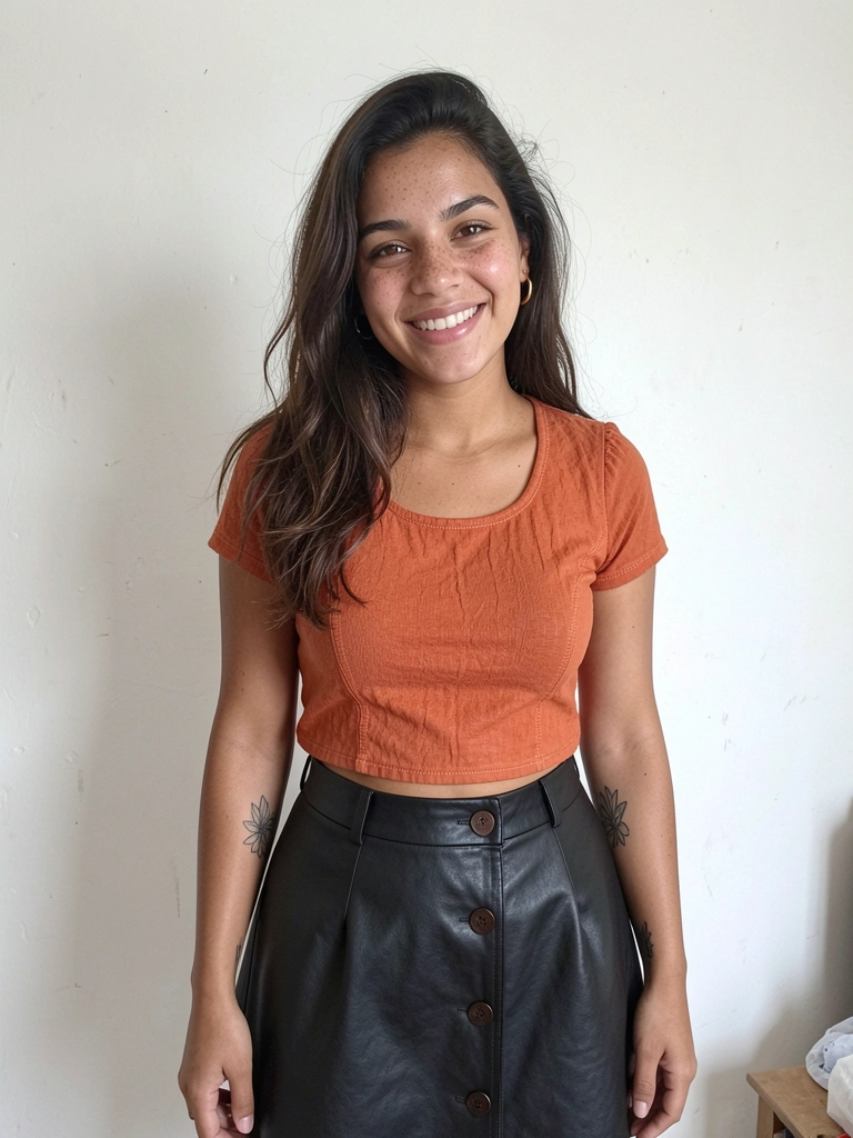 Saia de couro preta curta com camiseta branca e coturno, em pé sobre calçada urbana