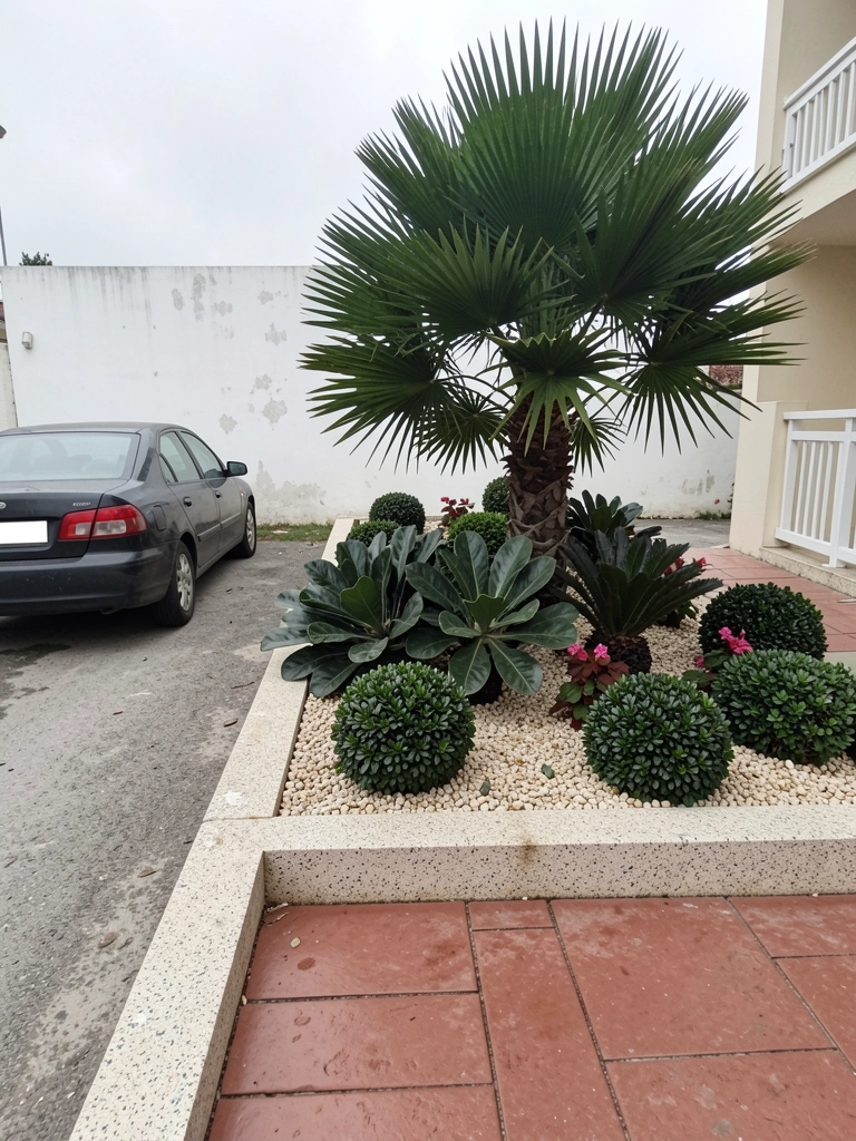 Caminho de pedras irregulares entre grama e plantas baixas, com iluminação natural suave.