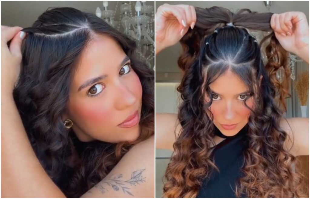 penteado cacheado com faixa de cetim