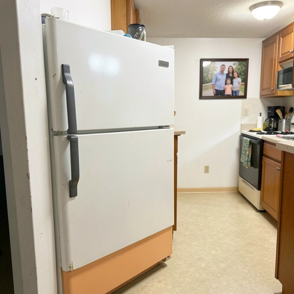 Geladeira branca antiga posicionada de frente para a sala em cozinha americana de apartamento compacto.