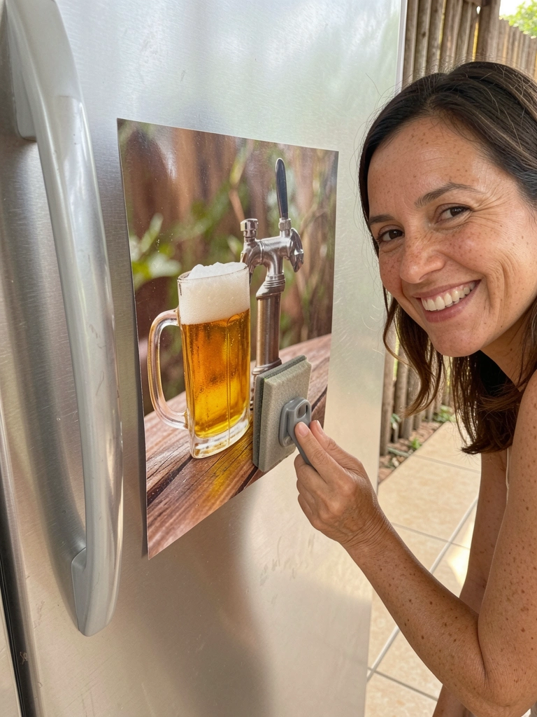 Mão segurando espátula de feltro aplica vinil adesivo na porta branca de geladeira