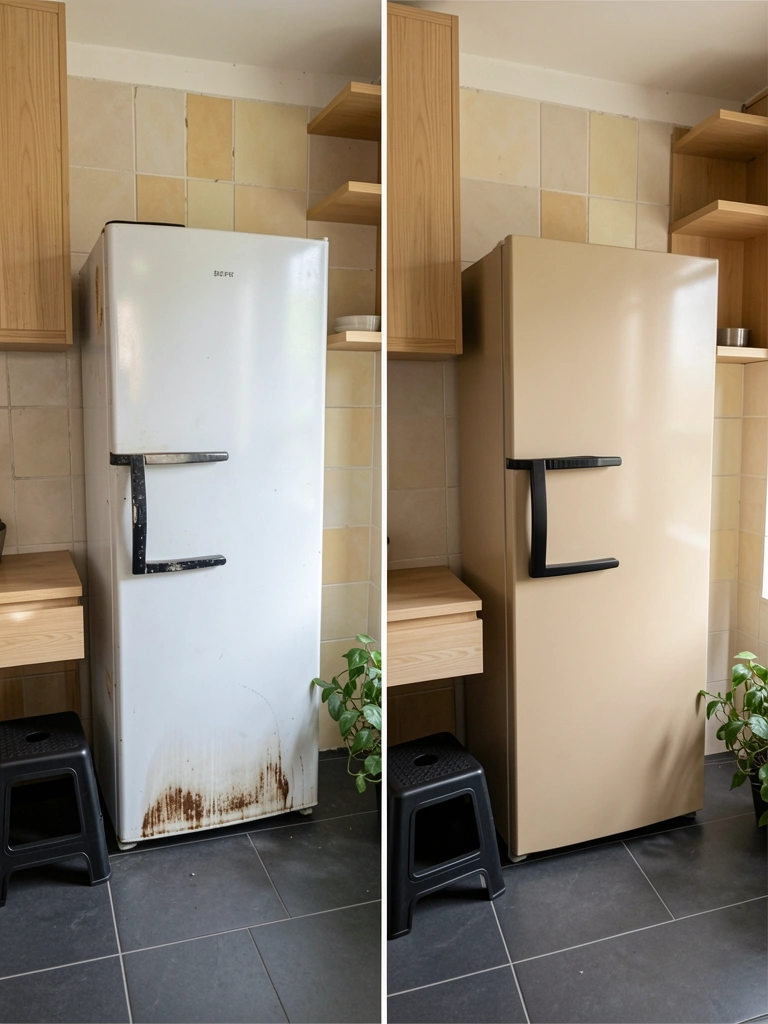 Geladeira bege de porta lisa em cozinha de madeira clara com armários de linhas retas