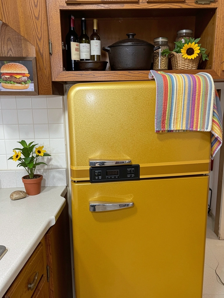 Geladeira branca com faixa horizontal vermelha e detalhes cromados em cozinha de azulejos