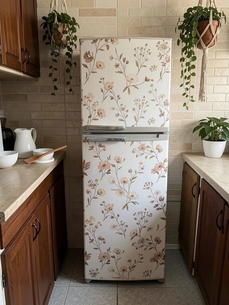 Geladeira branca com estampa floral aplicada, cercada por plantas penduradas em cozinha de estilo boho.