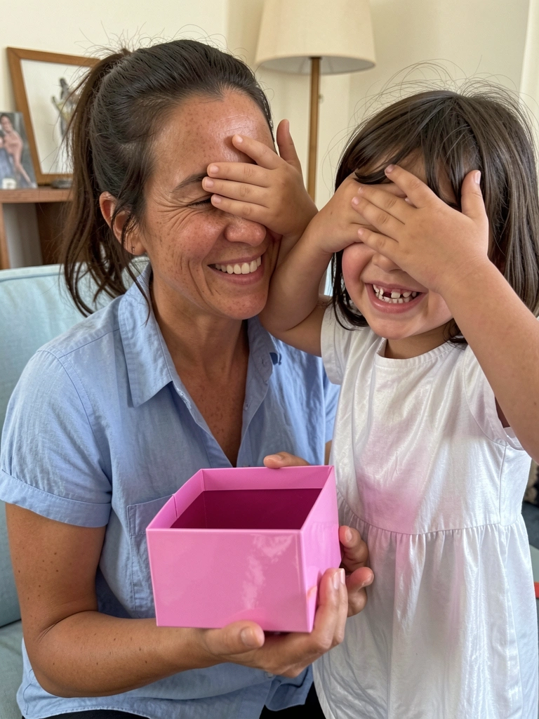 Calendário de maio sobre mesa com o segundo domingo do mês circulado à caneta, família desfocada ao fundo