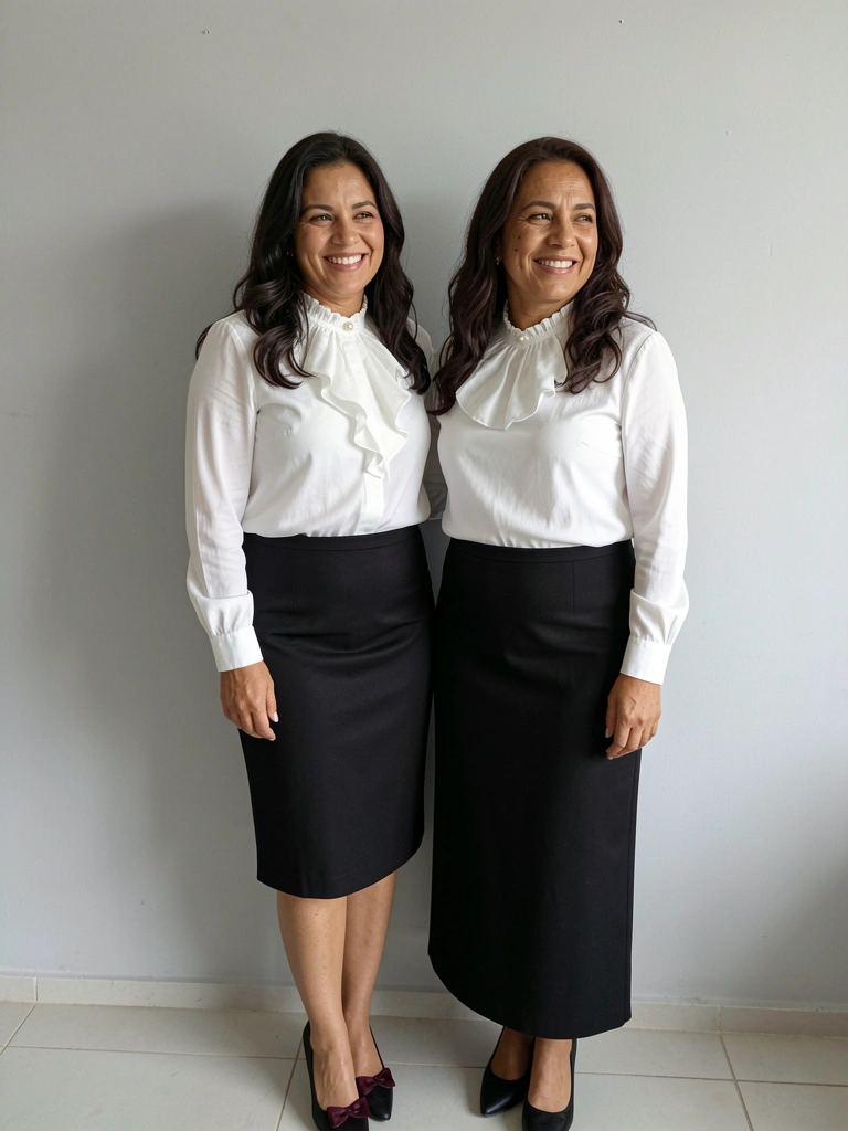Duas mulheres em pé, uma com saia na altura do joelho e outra com saia longa, em ambiente interno claro