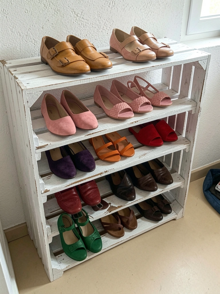 Caixote de madeira sem fundo fixado na parede como prateleira vazada, com sapatos organizados dentro